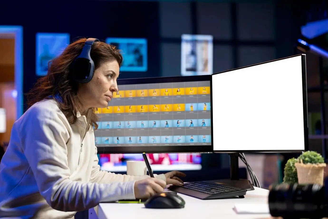 Fotógrafo con auriculares ajustando el balance de blancos en una pantalla de maqueta.